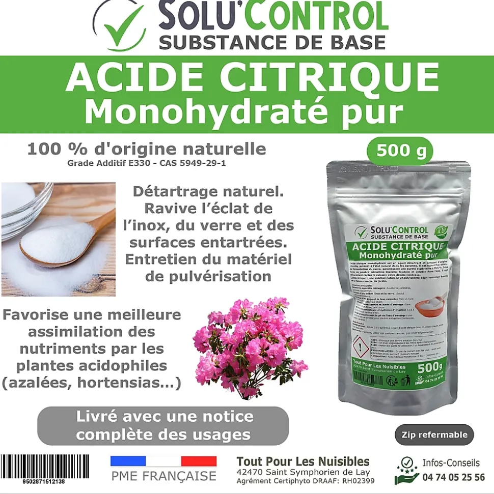 Acide citrique monohydraté pur 500 g - 100% d'origine naturel - Nettoyer, détartrer, raviver l'inox et corriger le pH