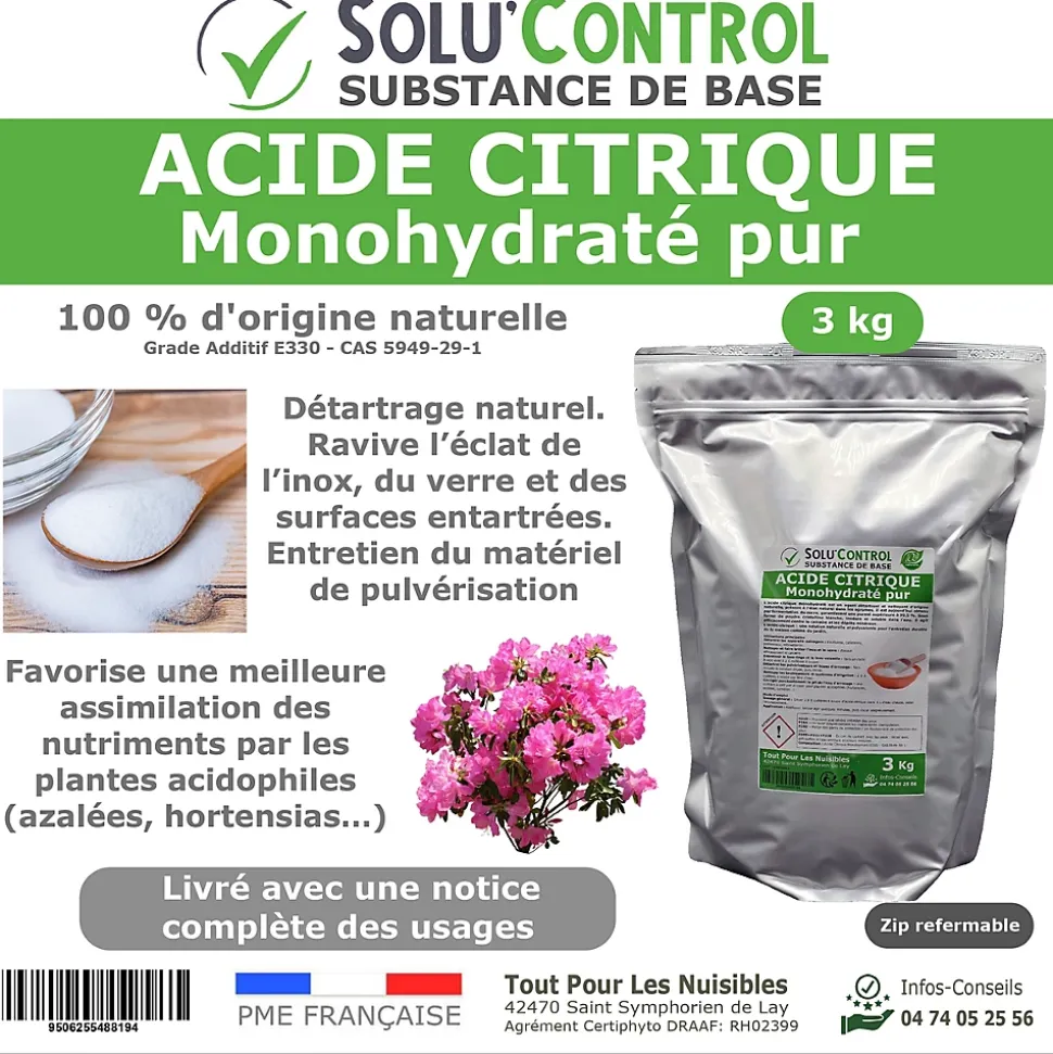 Acide citrique monohydraté pur 3 kg - 100% d'origine naturel - Nettoyer, détartrer, raviver l'inox et corriger le pH