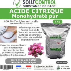 Acide citrique monohydraté pur 5 kg - 100% d'origine naturel - Nettoyer, détartrer, raviver l'inox et corriger le pH