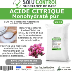 Acide citrique monohydraté pur 25 kg - 100% d'origine naturel - Nettoyer, détartrer, raviver l'inox et corriger le pH
