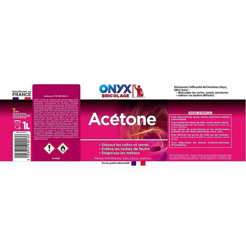 Acétone Onyx dissolvant spécial colle et vernis 1L