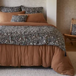 ADONIS - Chemin de Lit 90x200cm Gaze de Coton Bleu Imprimé Fleur Détail 4 Pompons