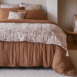 ADONIS - Chemin de Lit 90x200cm Gaze de Coton Blanc Imprimé Fleur Détail 4 Pompons