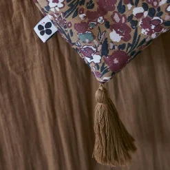 ADONIS - Chemin de Lit 90x200cm Gaze de Coton Brun Imprimé Fleur Détail 4 Pompons