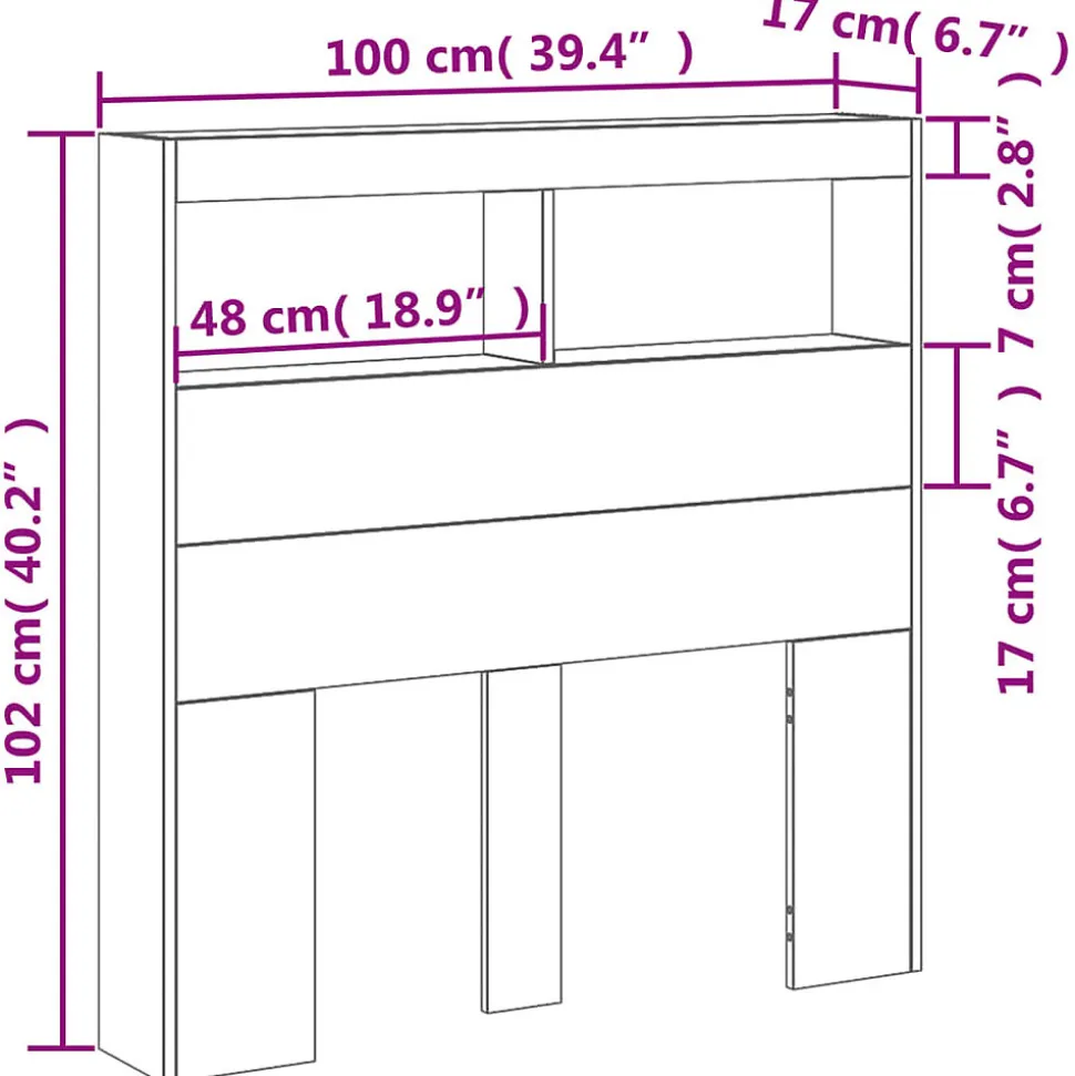 Armoire tête de lit avec LED gris béton 100x17x102 cm vidaXL