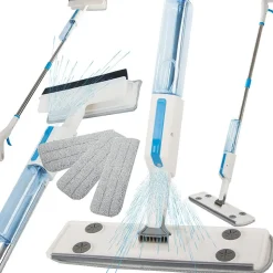 Balai serpillière 2 en 1 plat avec pulvérisateur, raclette à vitres, lave-glace + 3 Lavettes