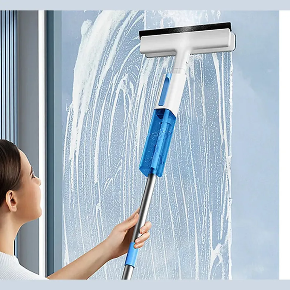 Balai serpillière 2 en 1 plat avec pulvérisateur, raclette à vitres, lave-glace + 3 Lavettes