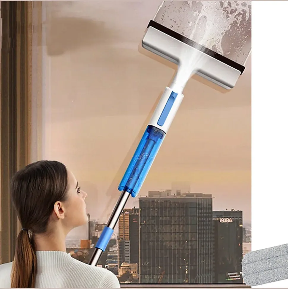 Balai serpillière 2 en 1 plat avec pulvérisateur, raclette à vitres, lave-glace + 3 Lavettes