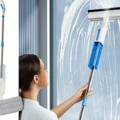 Balai serpillière 2 en 1 plat avec pulvérisateur, raclette à vitres, lave-glace + 3 Lavettes