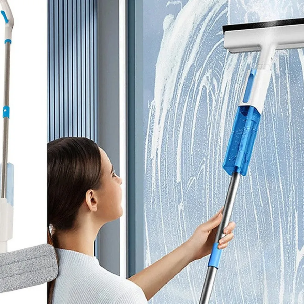 Balai serpillière 2 en 1 plat avec pulvérisateur, raclette à vitres, lave-glace + 3 Lavettes