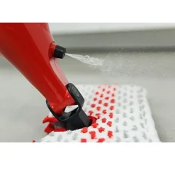 Balai pulvérisateur avec réservoir, nettoyeur vapeur, séparateur de poussière en microfibre coloris rouge.