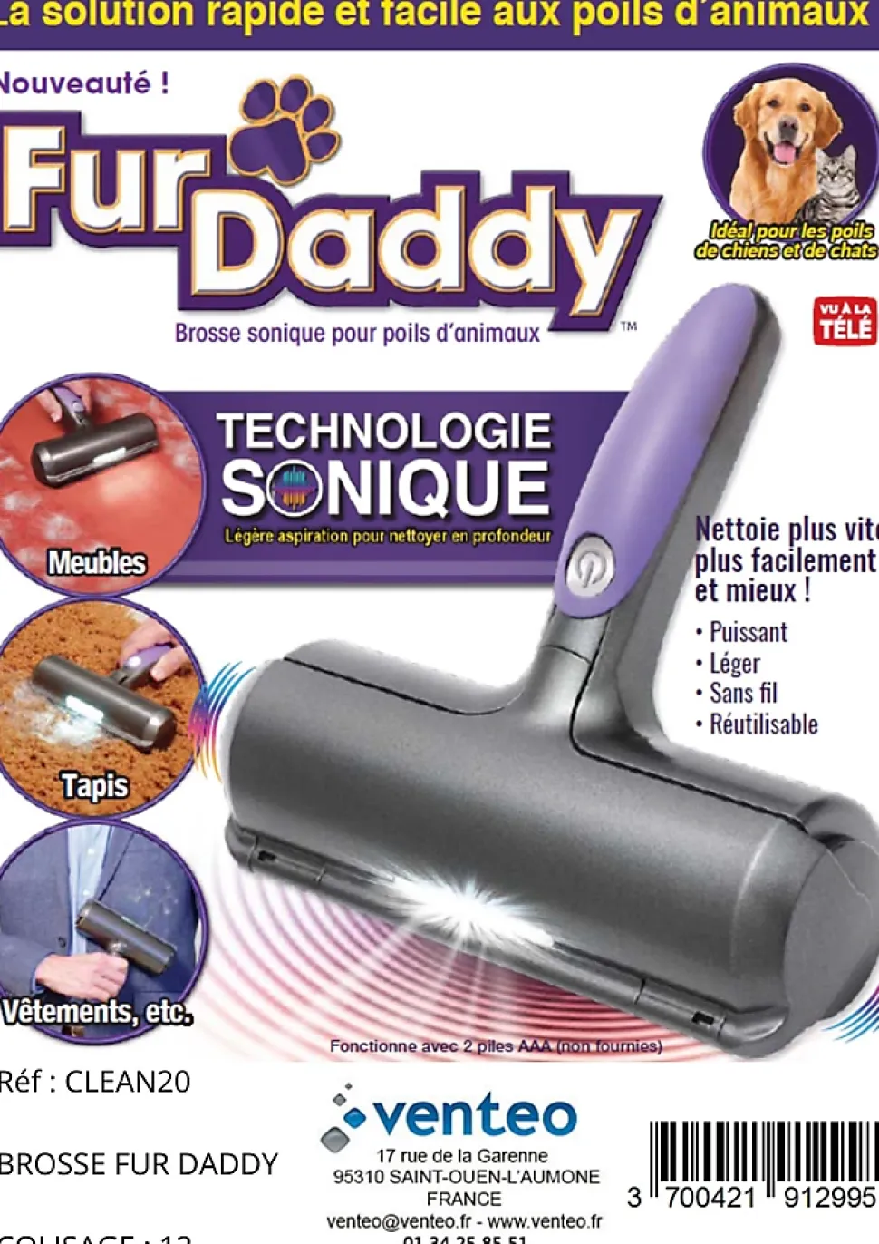 Brosse anti-poils animaux Fur Daddy Venteo