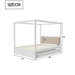 Cadre de lit à baldaquin 140 x 200 cm avec 2 grands tiroirs et dossier moelleux, lit en bois blanc