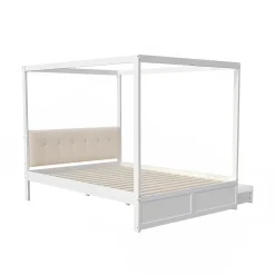 Cadre de lit à baldaquin 140 x 200 cm avec 2 grands tiroirs et dossier moelleux, lit en bois blanc