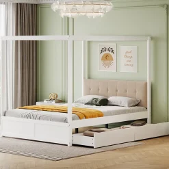 Cadre de lit à baldaquin 140 x 200 cm avec 2 grands tiroirs et dossier moelleux, lit en bois blanc