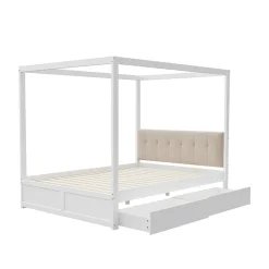 Cadre de lit à baldaquin 140 x 200 cm avec 2 grands tiroirs et dossier moelleux, lit en bois blanc