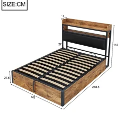 Cadre de lit 140 par 200 cm avec mécanisme hydraulique USB tête rembourrée design bois et métal rangement caché noir