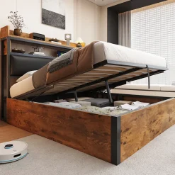 Cadre de lit 140 par 200 cm avec mécanisme hydraulique USB tête rembourrée design bois et métal rangement caché noir