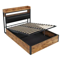 Cadre de lit 140 par 200 cm avec mécanisme hydraulique USB tête rembourrée design bois et métal rangement caché noir