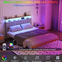 Cadre de lit, 160 x 200 avec Base en métal, lit 2 Personnes, avec lumières LED et Prises Multiples (1 Prise AC, 2 Ports USB)