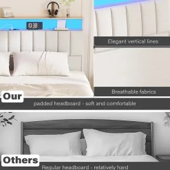 Cadre de lit, 160 x 200 avec Base en métal, lit 2 Personnes, avec lumières LED et Prises Multiples (1 Prise AC, 2 Ports USB)