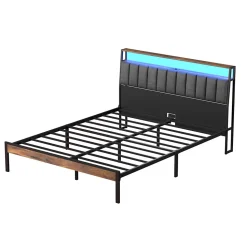 Cadre de lit 160 x 200 avec Base en métal, lit 2 Personnes, avec lumières LED et Prises Multiples (1 Prise AC, 2 Ports USB), avec
