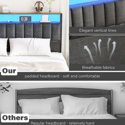 Cadre de lit 160 x 200 avec Base en métal, lit 2 Personnes, avec lumières LED et Prises Multiples (1 Prise AC, 2 Ports USB), avec