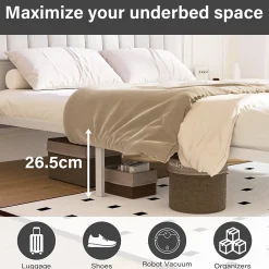 Cadre de lit, 140 x 190 avec Base en métal, lit 2 Personnes, avec lumières LED et Prises Multiples (1 Prise AC, 2 Ports USB), lit