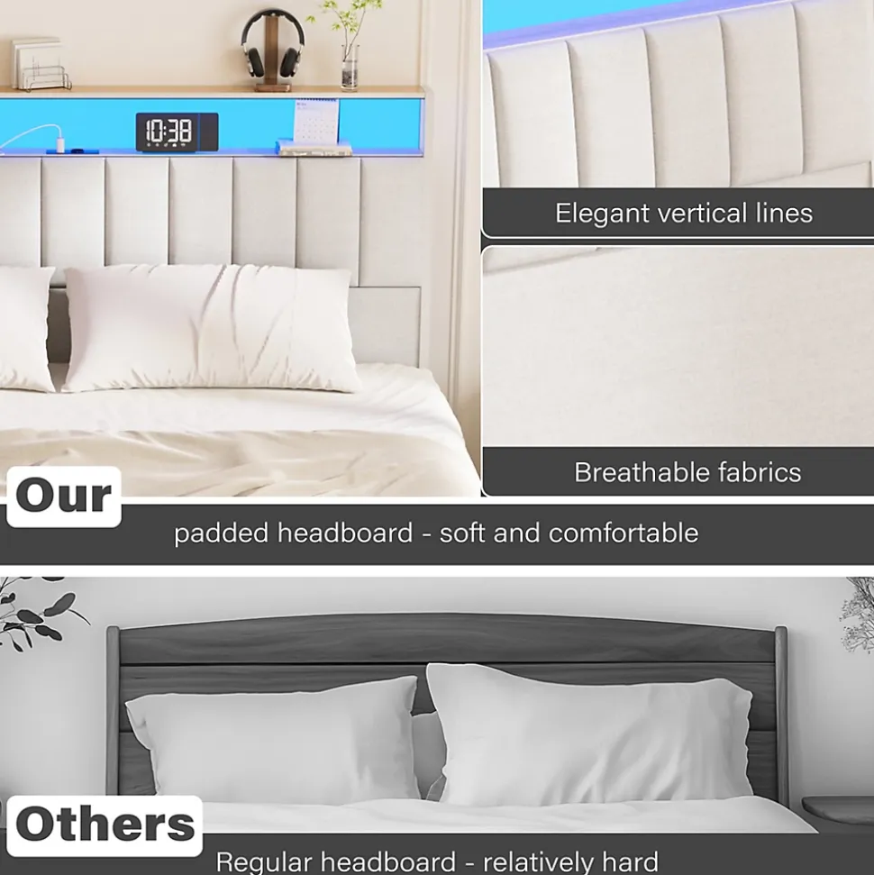 Cadre de lit, 140 x 190 avec Base en métal, lit 2 Personnes, avec lumières LED et Prises Multiples (1 Prise AC, 2 Ports USB), lit