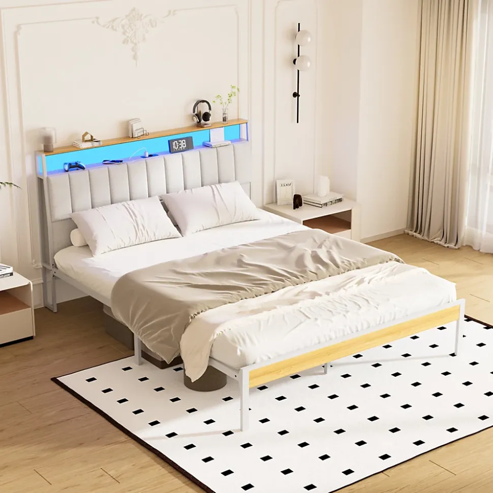 Cadre de lit, 140 x 190 avec Base en métal, lit 2 Personnes, avec lumières LED et Prises Multiples (1 Prise AC, 2 Ports USB), lit