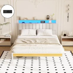 Cadre de lit, 140 x 190 avec Base en métal, lit 2 Personnes, avec lumières LED et Prises Multiples (1 Prise AC, 2 Ports USB), lit