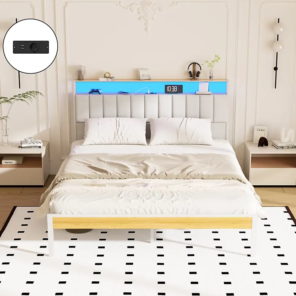 Cadre de lit, 140 x 190 avec Base en métal, lit 2 Personnes, avec lumières LED et Prises Multiples (1 Prise AC, 2 Ports USB), lit