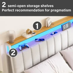 Cadre de lit, 140 x 190 avec Base en métal, lit 2 Personnes, avec lumières LED et Prises Multiples (1 Prise AC, 2 Ports USB), lit