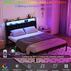 Cadre de lit 140 x 190 avec Base en métal, lit 2 Personnes, avec lumières LED et Prises Multiples (1 Prise AC, 2 Ports USB), avec