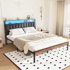 Cadre de lit 140 x 190 avec Base en métal, lit 2 Personnes, avec lumières LED et Prises Multiples (1 Prise AC, 2 Ports USB), avec