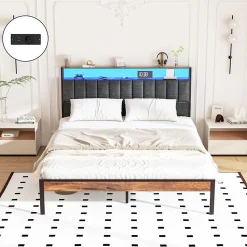 Cadre de lit 140 x 190 avec Base en métal, lit 2 Personnes, avec lumières LED et Prises Multiples (1 Prise AC, 2 Ports USB), avec