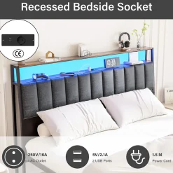Cadre de lit 140 x 190 avec Base en métal, lit 2 Personnes, avec lumières LED et Prises Multiples (1 Prise AC, 2 Ports USB), avec