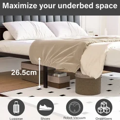 Cadre de lit 140 x 190 avec Base en métal, lit 2 Personnes, avec lumières LED et Prises Multiples (1 Prise AC, 2 Ports USB), avec