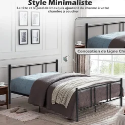 Cadre de Lit de Plateforme Sommier Lit Double King Size en Métal Rangement sous Lit Haute Tête 101cm