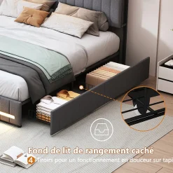 Cadre de lit double gris 140x190 cm, sommier à lattes, rembourré avec tête de lit rangement, 4 tiroirs intégrés et montage facile