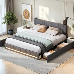 Cadre de lit double gris 140x190 cm, sommier à lattes, rembourré avec tête de lit rangement, 4 tiroirs intégrés et montage facile