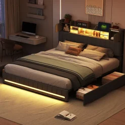 Cadre de lit double gris 140x190 cm, sommier à lattes, rembourré avec tête de lit rangement, 4 tiroirs intégrés et montage facile