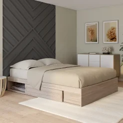 Cadre de lit double SALEM avec rangements et sommier 140 x 190 cm façon hêtre