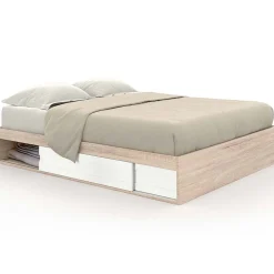 Cadre de lit double SALEM avec rangements et sommier 140 x 190 cm façon hêtre et blanc