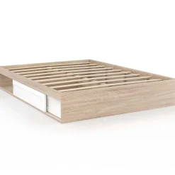 Cadre de lit double SALEM avec rangements et sommier 140 x 190 cm façon hêtre et blanc