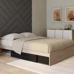 Cadre de lit double SALEM avec rangements et sommier 140 x 190 cm façon hêtre et noir