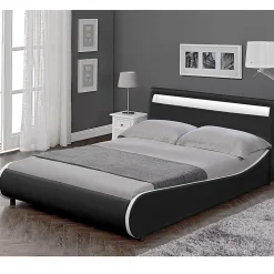 Cadre de lit double Valencia à LED 140x200cm cuir synthétique avec sommier à lattes noir Corium