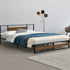 Cadre de Lit Double Villach en Métal 180 x 200 cm Noir Mat Effet Noyer en.casa