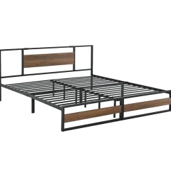 Cadre de Lit Double Villach en Métal 180 x 200 cm Noir Mat Effet Noyer en.casa