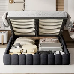 Cadre de lit double 180x200 cm gris avec rangement, tissu en lin, LED, tête de lit avec station de charge et sommier à lattes